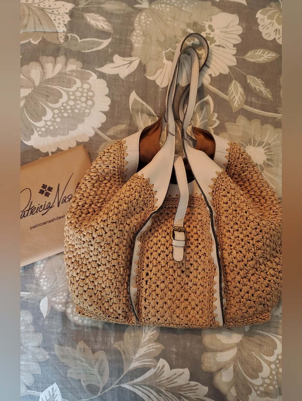 Patricia Nash SANTORINI Woven Straw Tote with Cream Trim